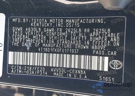 2015 Toyota Camry Hybrid Le z USA, uszkodzony, nr VIN 4T1BD1FK0FU171937